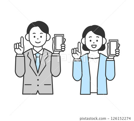 一名男子和一名女子使用智慧型手機引導的向量插圖 126152274