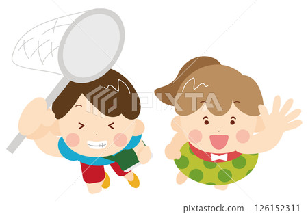 Illustration of a boy with a butterfly net and a girl in a swimsuit with a swim ring 126152311