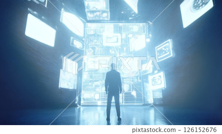 person viewing multiple monitors 126152676