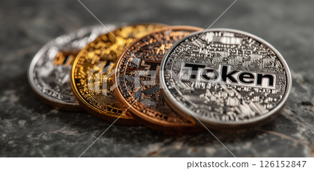 Token coin cryptocurrency digital currency metallic glossy table chaos closeup finance 126152847