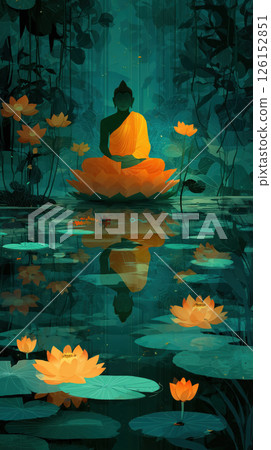 Serene Buddha statue sits orange lotus flower surrounded by water lilies and lush green foliage Serene Buddha statue sits orange lotus flower surrounded by water lilies and lush green foliage 126152851