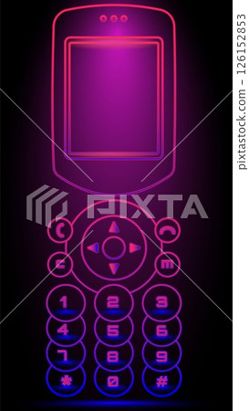 Vector illustration. Glowing vintage mobile phone with illuminated keypad and screen in purple neon against black background. 126152853