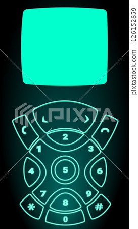 Vector illustration. Surreal art design. Vintage-style phone with glowing screen and keypad. Neon blue lines. 126152859