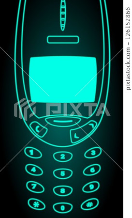 Vector illustration. Surreal art design. Glowing retro mobile with circular screen and keypad in neon cyan. Concept of e2k tech Vector illustration. Surreal art design. Glowing retro mobile with circular screen and keypad in neon cyan. Concept of e2k tech 126152866