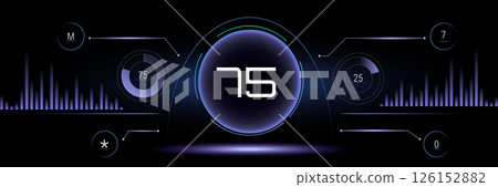 Surreal art collage. Cyber dashboard with performance meters, glowing data rings, and central speed readout. Vector illustration. 126152882