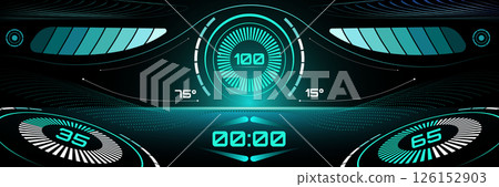 Surreal art collage. Cyber dashboard with central speed gauge, layered motion effects, and glowing indicators. Vector illustration. Surreal art collage. Cyber dashboard with central speed gauge, layered motion effects, and glowing indicators. Vector illustration. 126152903
