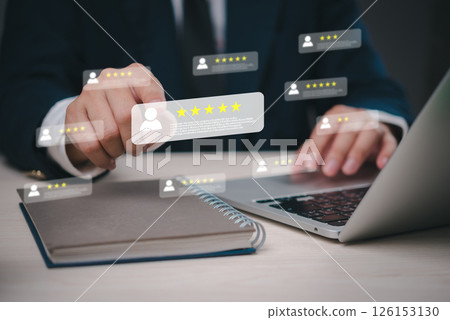 Business analyzing virtual customer feedback, digital star rating management, online review platform, client satisfaction metrics, user experience evaluation 126153130