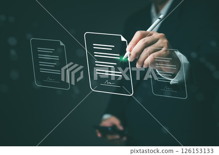 Electronic document signing, digital signature authentication, futuristic paperless agreement, secure online contract processing, business e-signature, legal document approval system. 126153133