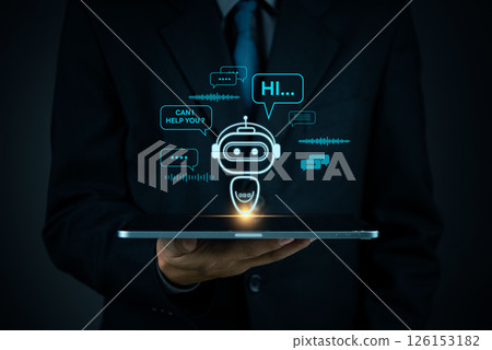AI chatbot technology, virtual assistant for customer service, futuristic smart automation, AI-powered chatbot on tablet, digital business support, artificial intelligence conversation bot. 126153182