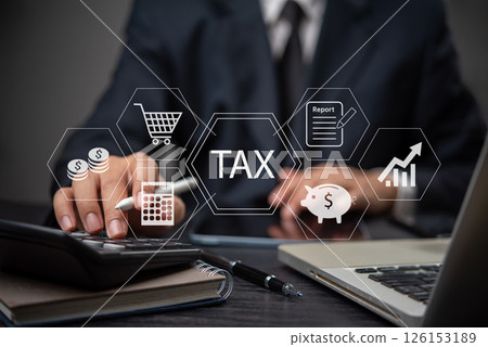 A financial analyst working on tax reports, calculating figures using a calculator. The image includes key financial icons like currency, tax, and report. 126153189