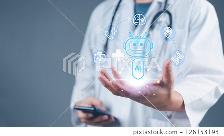 Medical AI assistant, innovative healthcare chatbot in doctor's hand, digital transformation in telemedicine, futuristic concept in smart healthcare system, online medical service. 126153193