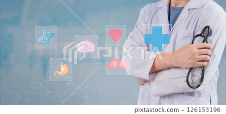 Medical AI system, doctor using futuristic healthcare analytics, smart medical technology, digital diagnosis platform, artificial intelligence in health monitoring, innovative medicine. 126153196