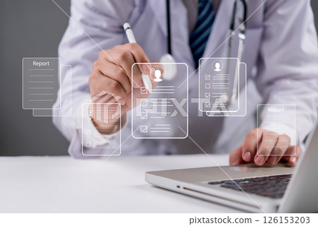 Healthcare provider managing electronic medical records, physician using digital report patient database, virtual health information system, medical technology concept Healthcare provider managing electronic medical records, physician using digital report patient database, virtual health information system, medical technology concept 126153203