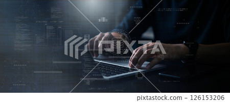 Big data analytics, cloud security, database management, IT security solutions, AI-powered cybersecurity, corporate information systems, futuristic digital data center technology. 126153206