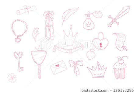 Princess set cute hand drawn sketch. Girl magic fairy mirror, pageant, crown, fairytale fantasy. Royal accessory. Letter and key. 126153296