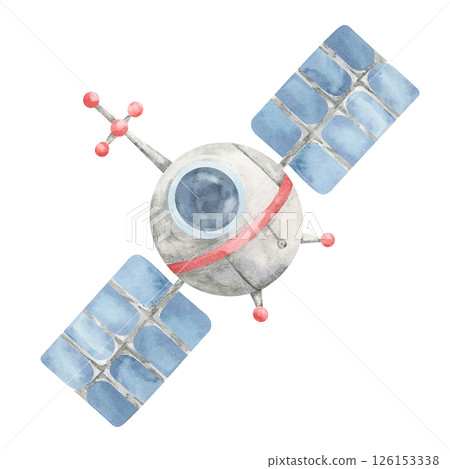 Light gray and blue satellite with red details in watercolor clipart. Space orbiter clipart. This image suits space lesson plans, kids infographics, room decor prints, or science-themed gift wraps 126153338