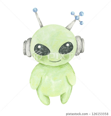 Light green alien with headphones and blue antennas in a watercolor. Space creature isolated clipart. Perfect for baby shower decor, nursery prints, science-themed books, or childrens apparel design Light green alien with headphones and blue antennas in a watercolor. Space creature isolated clipart. Perfect for baby shower decor, nursery prints, science-themed books, or childrens apparel design 126153358
