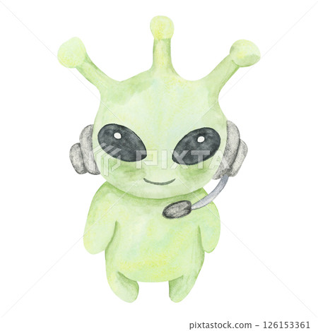 Green alien with antennae, black eyes, and a headset in watercolor. Space creature isolated clipart. Hand painted illustration for kids designs, party invites, wall art, or educational materials Green alien with antennae, black eyes, and a headset in watercolor. Space creature isolated clipart. Hand painted illustration for kids designs, party invites, wall art, or educational materials 126153361