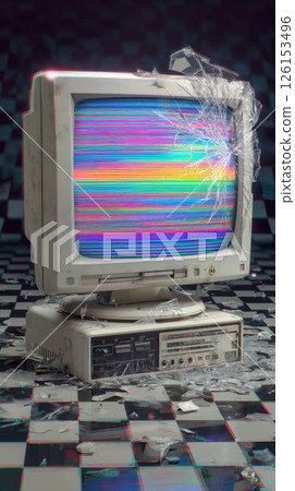 Broken computer, vintage monitor, shattered screen, glitch, cyberpunk, colorful lines, retro Broken computer, vintage monitor, shattered screen, glitch, cyberpunk, colorful lines, retro 126153496
