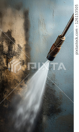 Pressure washer cleaning dirty concrete wall, high pressure water spray removing mold stains 126153505