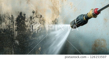 Pressure washer cleaning dirty concrete wall high pressure water spray, removing mold stains 126153507