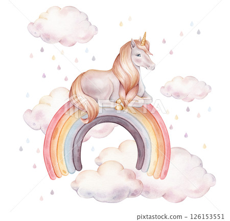 Watercolor hand drawn illustration of Unicorn sitting on rainbow with clouds and raindrops. Cute horse for Baby shower invitations or nursery wall art. Pastel Fantasy pony for kids greeting cards. 126153551