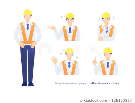 戴著黃色安全帽和反光帶的男工人。 5 種姿勢向量插圖素材。 戴著黃色安全帽和反光帶的男工人。 5 種姿勢向量插圖素材。 126153553