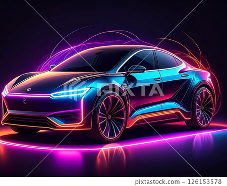 Colorful glowing modern car over black background Colorful glowing modern car over black background 126153578