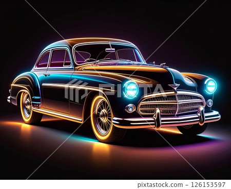 Colorful glowing retro vintage car over black background Colorful glowing retro vintage car over black background 126153597