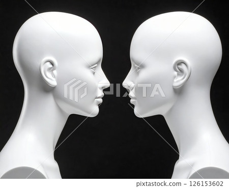 Two mannequin heads talking over black background, talking heads concept 126153602