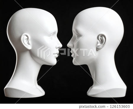Two mannequin heads talking over black background, talking heads concept 126153603