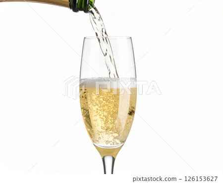 Pouring champagne into a glass over white background 126153627