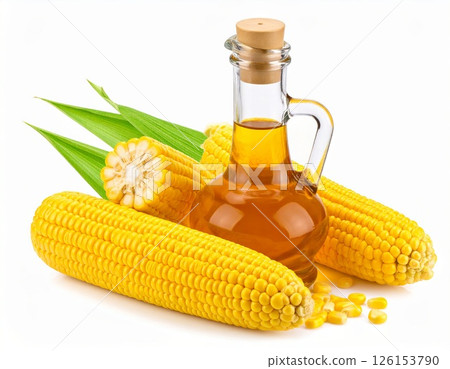 Corn syrup in a glass bottle with corn next to it over white background 126153790