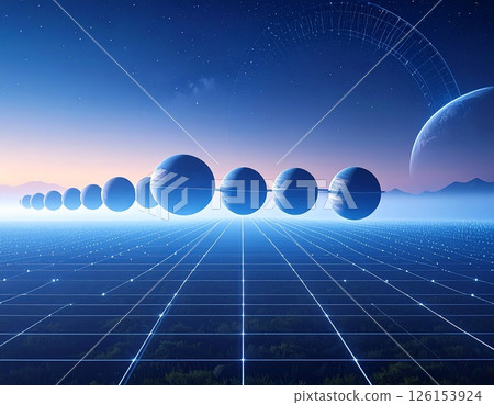 Planets in the exact linear formation over glowing space surrealistic background 126153924