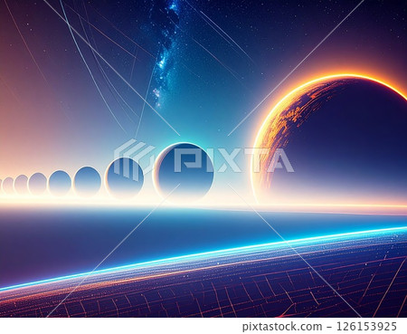 Planets in the exact linear formation over glowing space surrealistic background 126153925