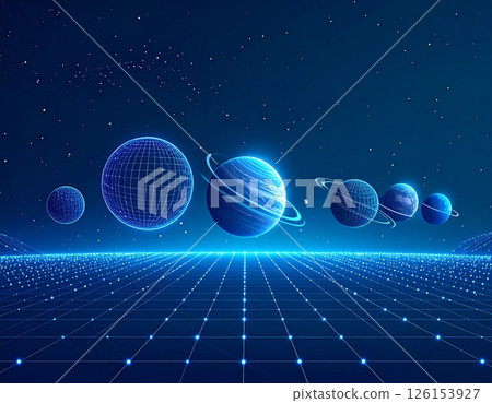 Planets in the exact linear formation over glowing space surrealistic background 126153927