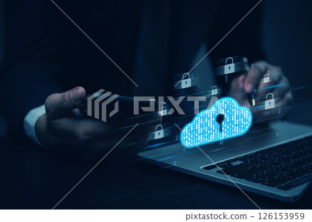 Cybersecurity concept with a businessman using a smartphone and cloud security icons, representing data protection and encryption. Cybersecurity concept with a businessman using a smartphone and cloud security icons, representing data protection and encryption. 126153959