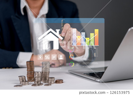Real estate investment analysis with smart data dashboard, financial chart, and stacked coins, representing housing market, property finance and ROI strategy. Real estate investment analysis with smart data dashboard, financial chart, and stacked coins, representing housing market, property finance and ROI strategy. 126153975