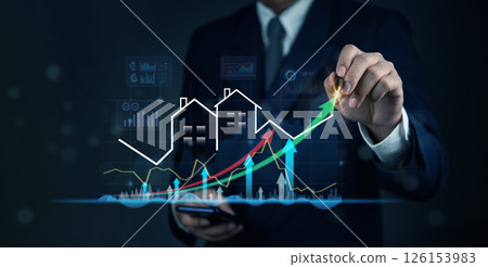Housing market trends with increasing property value and economic forecast.Real estate investment and property market analytics, financial growth trends. 126153983