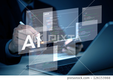 AI artificial intelligence technology and machine learning development programming concept with a businessman innovation writing code data technology on a holographic screen. AI artificial intelligence technology and machine learning development programming concept with a businessman innovation writing code data technology on a holographic screen. 126153988