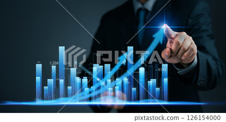 businessman pointing at a digital graph and arrows with an upward trend, business growth, data analysis, and financial investments performance. statistics, market trends development businessman pointing at a digital graph and arrows with an upward trend, business growth, data analysis, and financial investments performance. statistics, market trends development 126154000