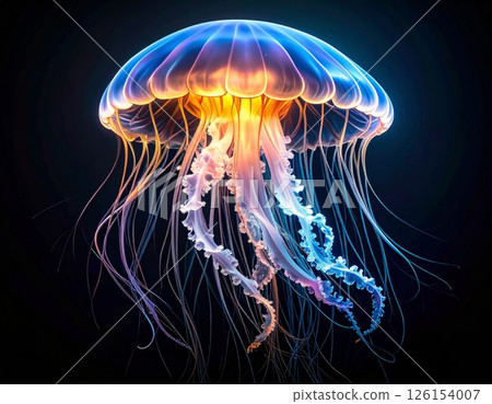 Bright glowing medusa over black background, jellyfish swimming in the darkness of the ocean Bright glowing medusa over black background, jellyfish swimming in the darkness of the ocean 126154007