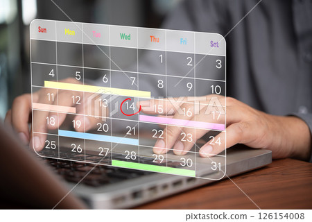 Digital calendar with a businessman managing event schedules and task planning.Online scheduling system for business time management and productivity. Digital calendar with a businessman managing event schedules and task planning.Online scheduling system for business time management and productivity. 126154008