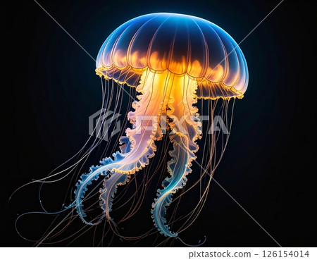 Bright glowing medusa over black background, jellyfish swimming in the darkness of the ocean 126154014