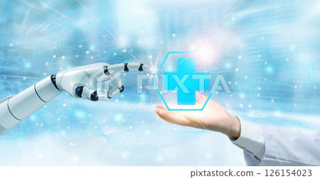 A robotic hand interacting with a digital healthcare symbol, representing the fusion of artificial intelligence and medical technology for future healthcare solutions. AI in modern healthcare. 126154023
