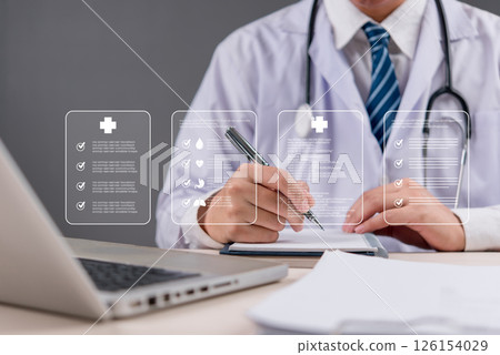 Medical professional recording patient data using advanced digital interface, healthcare technology, AI, diagnostics, hospital record system, online health platform. 126154029