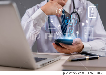 Futuristic AI assistant for online medical consultation and healthcare analytics. Artificial intelligence healthcare enhancing remote consultation and patient care. digital health and telemedicine. 126154033