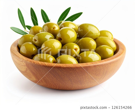 Wooden bowl of fresh green olives over white background Wooden bowl of fresh green olives over white background 126154266