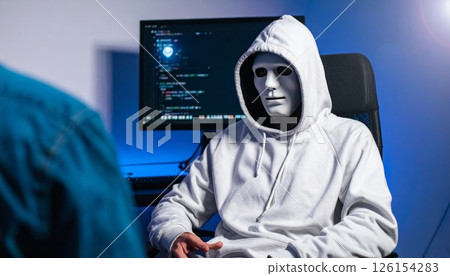 Hacker in a hood and mask is talking during interview, anonymous man, hidden identity concept 126154283
