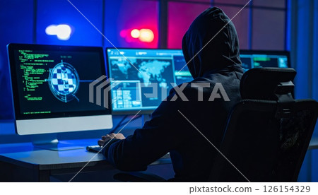 Hacker is working at the computer with police nearby, dramatic moment Hacker is working at the computer with police nearby, dramatic moment 126154329